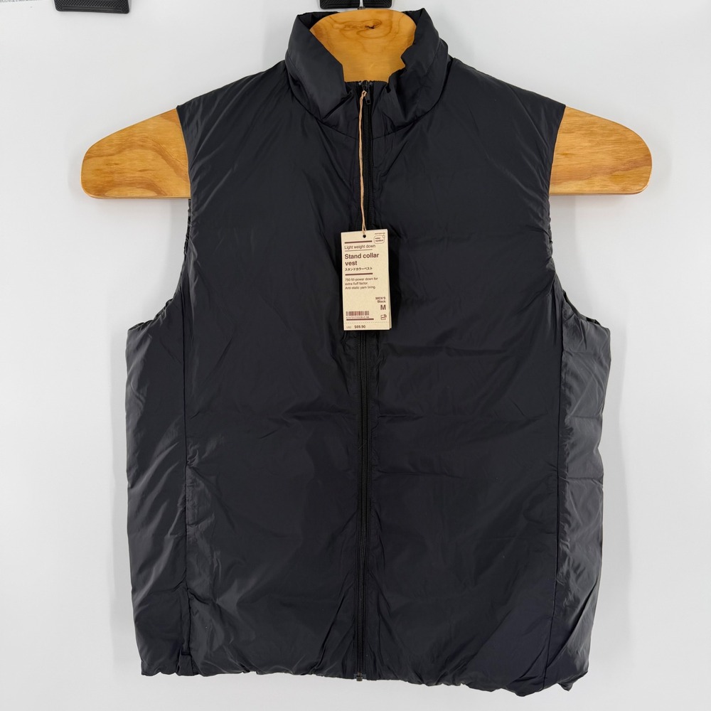 Muji Mens Light Weight Down Stand Collar Vest Black 750 Fill Power Puffer M NWT